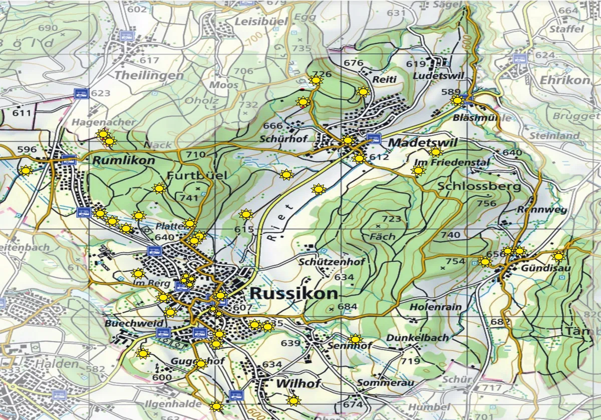 Die Karte zeigt die Standorte der GVR-Bänkli in Russikon.